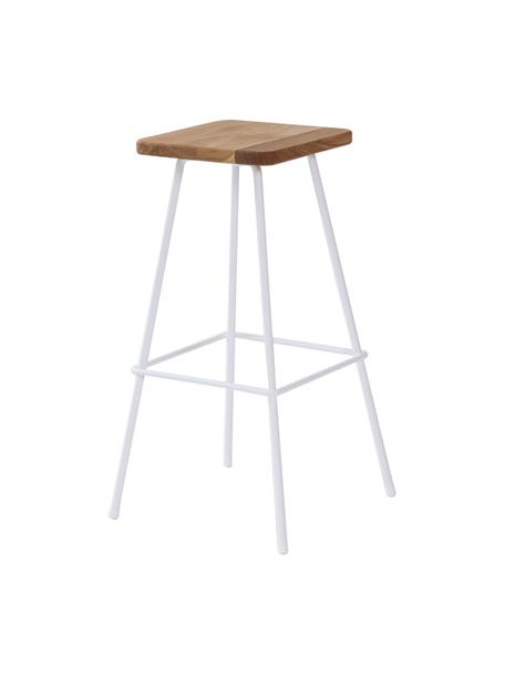 Stołek barowy Barni, Stelaż: stal malowana proszkowo, Biały, drewno dębowe, S 30 x W 70 cm