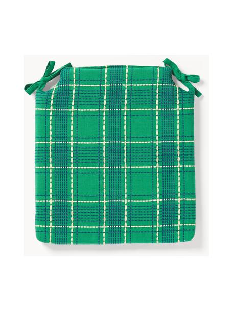 Coussin d'assise en coton à carreaux avec broderies Orla, 100 % coton, Vert, larg. 40 x long. 37 cm