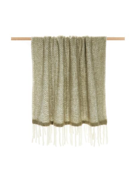 Plaid en laine vert avec franges Mathea, 60 % laine, 25 % acrylique, 15 % nylon, Brun, couleur crème, long. 170 x larg. 130 cm