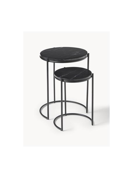 Marmeren bijzettafelset Ella, 2-delig, Frame: gepoedercoat metaal, Zwart, gemarmerd, zwart, Set met verschillende groottes