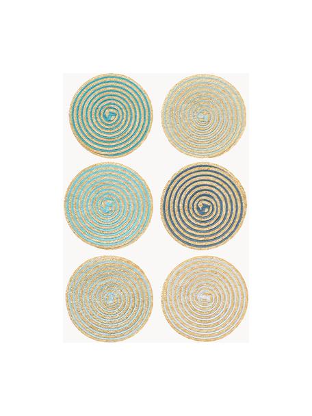 Súprava okrúhleho stolového prestierania z lyka Baita, 6 dielov, Lykové vlákno, Béžová, tóny modrej a zelenej, Ø 39 cm