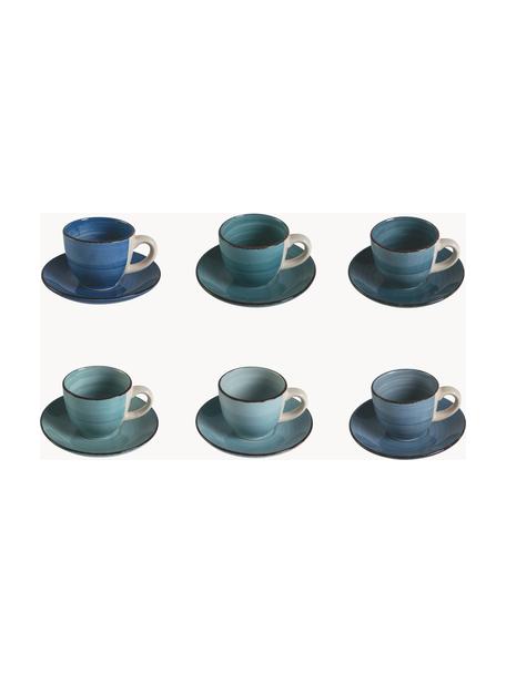 Set de tazas espresso con platitos Baita Acqua, 6 uds., Cerámica, Tonos azules, Ø 7 x Al 6 cm, 90 ml