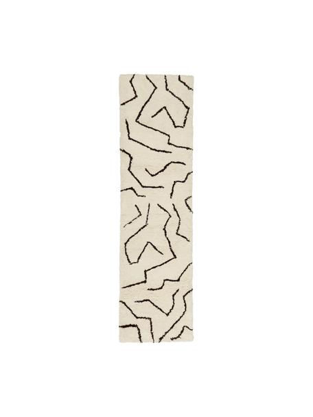 Handgetufte hoogpolige loper Davin in crèmekleur, Bovenzijde: 100% polyester microvezel, Onderzijde: gerecycled polyester, Crèmekleurig & zwart, met patroon, B 80 x L 300 cm