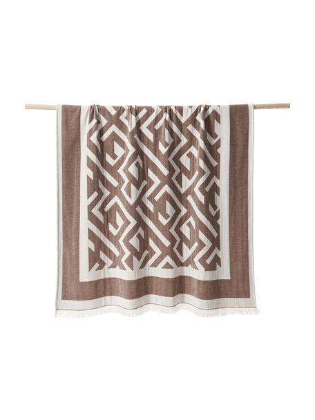 Decke Arthur in Braun mit Fransen und geometrischem Muster, 50 % Baumwolle, BCI-zertifiziert, 50 % Polyester, Beige, Weiss, B 130 x L 170 cm