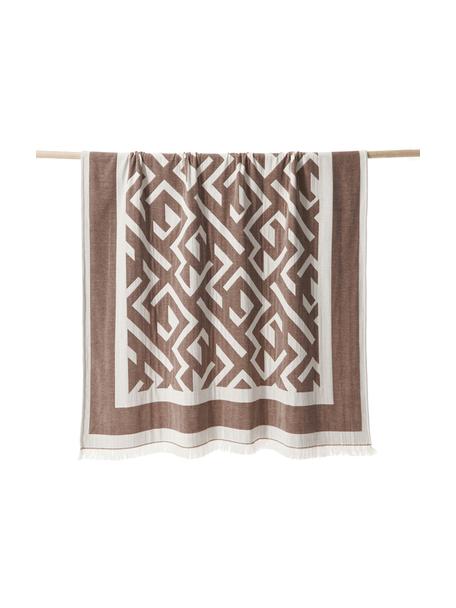 Plaid à franges et motifs géométriques Arthur, 50 % coton, 50 % polyester, Brun, blanc, larg. 130 x long. 170 cm