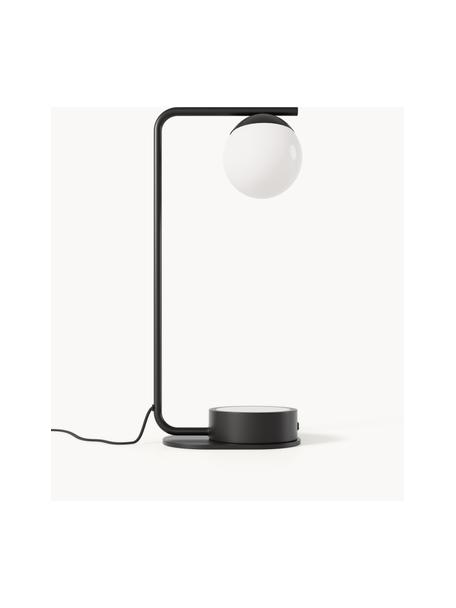 Lampada da tavolo con funzione di ricarica wireless Gael, Paralume: vetro opale, Struttura: metallo verniciato a polv, Nero, bianco, Larg. 11 x Alt. 38 cm