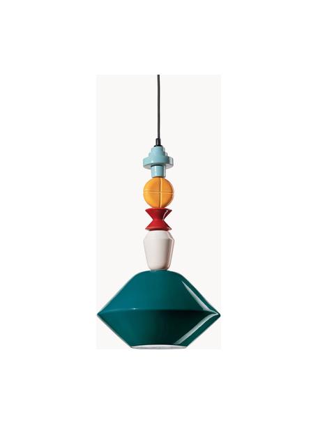 Lámpara de techo artesanal de diseño Lariat, Pantalla: vidrio, Anclaje: aluminio con pintura en p, Cable: cubierto en tela, Azul petróleo, multicolor, Ø 31 x Al 56 cm
