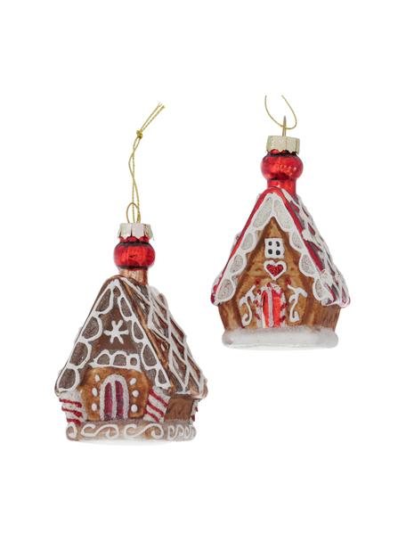Adornos navideños artesanales Gingerbread, 2 uds., Vidrio pintado, Marrón, multicolor, Ø 5 x Al 9 cm