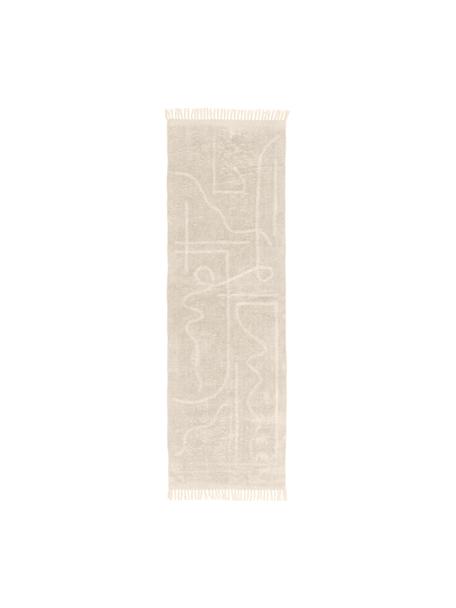 Handgetufte katoenen loper Lines met franjes, Beige, crèmewit, B 80 x L 250 cm