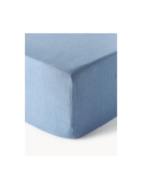Drap-housse en lin délavé pour sommier tapissie Airy, Bleu, larg. 200 x long. 200 cm, haut. 35 cm