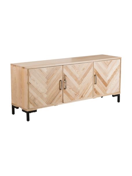 Dressoir Leif met deuren van massief essenhout, Frame: massief essenhout, gelakt, Handvatten: gecoat metaal, Poten: gepoedercoat metaal, Essenhoutkleurig, B 177 x H 75 cm