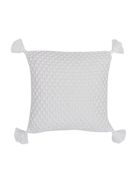 Strick-Kissenhülle Miri in Weiß mit Quasten, 100% gekämmte Baumwolle, Weiß, 50 x 50 cm