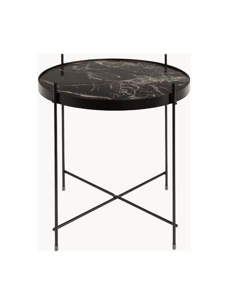 Tavolino-vassoio con piano in vetro effetto marmo Cupid, Struttura: metallo verniciato a polv, Nero effetto marmo, Ø 43 x Alt. 45 cm