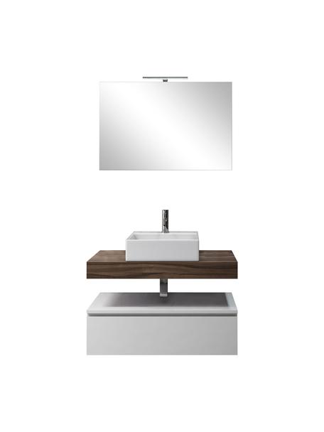 Waschtisch-Set Yoka, 5-tlg., Platte: Mitteldichte Holzfaserpla, Spiegelfläche: Spiegelglas, Rückseite: ABS-Kunststoff, Weiss, Nussbaumholz-Optik, Set mit verschiedenen Grössen