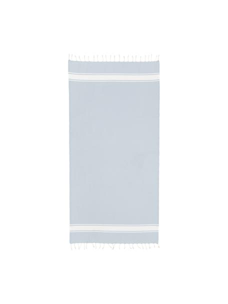 Fouta rayé à franges St Tropez, 100 % coton, Bleu ciel, blanc, larg. 100 x long. 200 cm