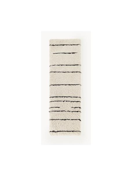 Alfombra corredor artesanal de pelo largo Dunya, Parte superior: 100% poliéster, Reverso: 100% algodón, Beige, negro, An 80 x L 250 cm