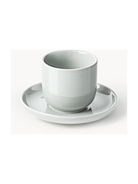 Tazas de café expresso con platitos de porcelana Nessa, 4 uds., Porcelana dura de alta calidad, Gris claro brillante, Ø 7 x Al 6 cm, 90 ml