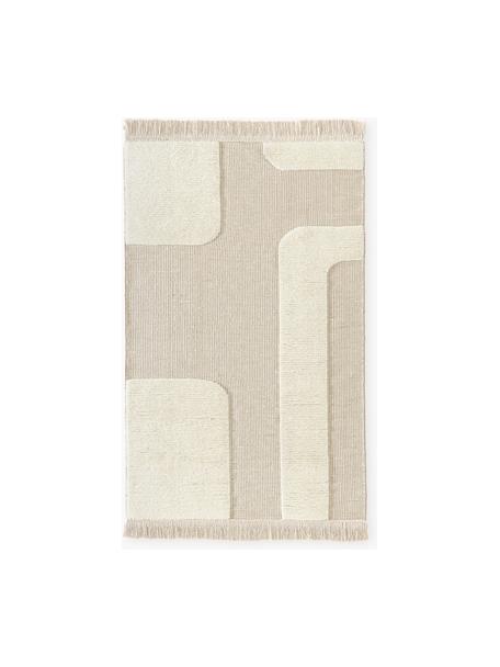 Handgeweven vloerkleed Laine met hoog-laag patroon en franjes, 57% wol (RWS-gecertificeerd), 35% jute, 8% katoen, Beige, crèmewit, B 120 x L 180 cm (maat S)