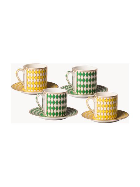 Sada šálků na espresso s podšálky, 4 díly, Glazovaný porcelán, Žlutá, zelená, tlumeně bílá, Ø 6 cm, V 6 cm, 100 ml