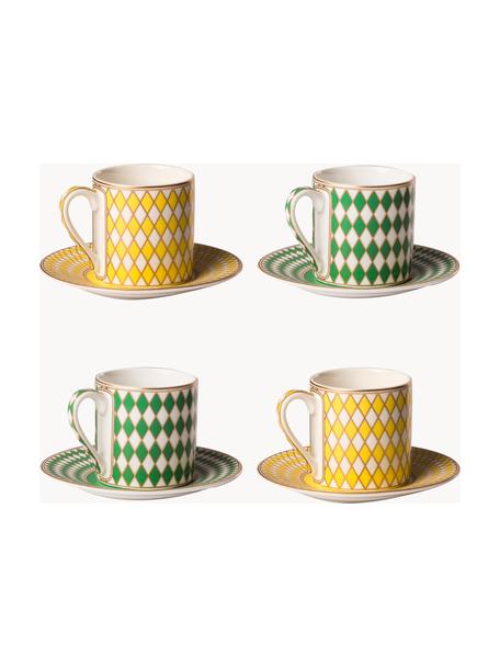 Espressotassen Chess mit Untertassen, 4er-Set, Porzellan, glasiert, Gelb, Grün, Off White, Ø 6 x H 6 cm, 100 ml