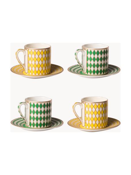 Tazzine caffè con piattini Chess 4 pz, Porcellana smaltata, Giallo, verde, bianco latte, Ø 6 x Alt. 6 cm, 100 ml