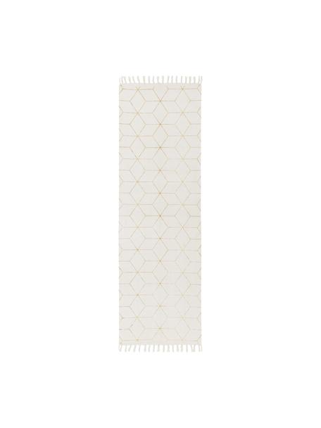 Alfombra corredor de tejido plano de algodón con flecos Yena, Beige, dorado, An 80 x L 250 cm