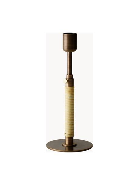 Candelabro regolabile in altezza Duca, Ottone bronzato, rattan, Marrone scuro, beige chiaro, Ø 8 x Alt. 17 cm