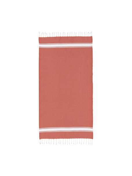 Fouta rayé à franges St Tropez, 100 % coton, Rouge corail, blanc, larg. 100 x long. 200 cm