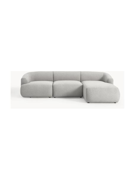 Divano angolare componibile 3 posti in bouclé Sofia, Rivestimento: bouclé (100 % poliestere), Struttura: legno di abete rosso, cer, Piedini: plastica, Bouclé grigio chiaro, Larg. 272 x Prof. 160 cm, chaise longue a destra