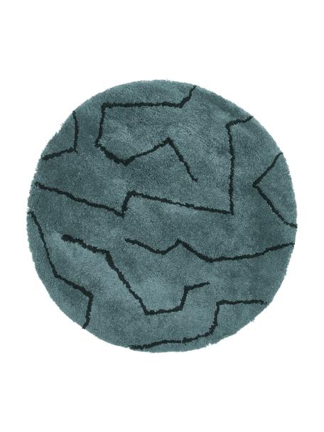 Alfombra redonda artesanal de pelo largo David, Parte superior: 100% poliéster-microfibra, Reverso: poliéster reciclado, Azul petróleo, negro, Ø 120 cm (Tamaño S)