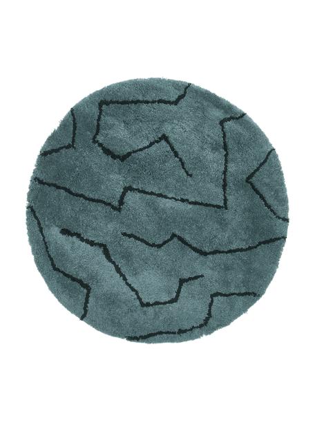 Alfombra redonda artesanal de pelo largo David, Parte superior: 100% poliéster-microfibra, Reverso: poliéster reciclado, Azul petróleo, negro, Ø 120 cm (Tamaño S)