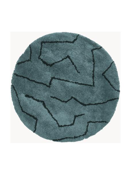 Rond hoogpolig vloerkleed Davin, handgetuft, Bovenzijde: 100% polyester microvezel, Onderzijde: gerecycled polyester, Petrolkleurig, zwart, Ø 150 cm (maat M)