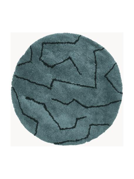 Tappeto rotondo a pelo lungo blu petrolio Davin, fatto a mano, Retro: poliestere riciclato, Petrolio, nero, Ø 150 cm (taglia M)