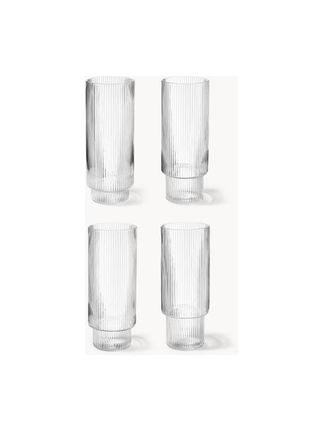 Vasos soplados con relieves Ripple, 4 uds., Vidrio soplado artesanalmente, Transparente brillante, Ø 6 x Al 14 cm, 300 ml