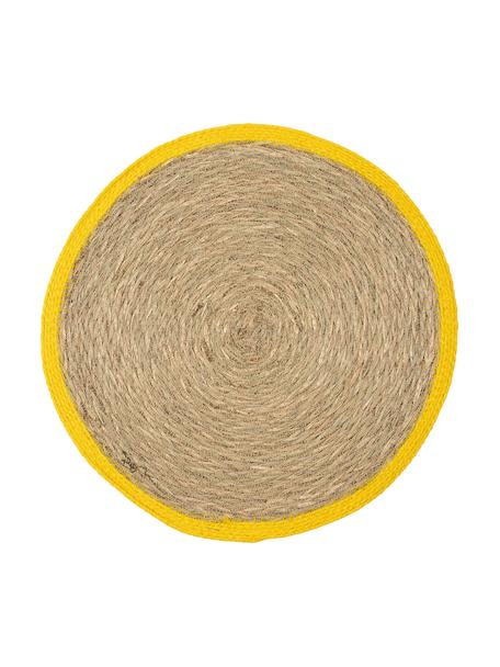Runde Seegras-Tischsets Boho mit gelbem Rand, 2 Stück, Seegras, Beige, Gelb, Ø 35 cm