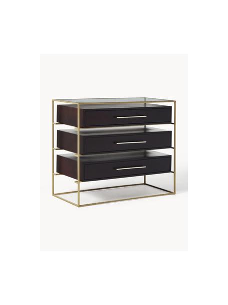 Cassettiera con piano in vetro Lyle, Struttura e maniglie: metallo verniciato a polv, Legno di mango scuro, dorato, Larg. 100 x Alt. 82 cm