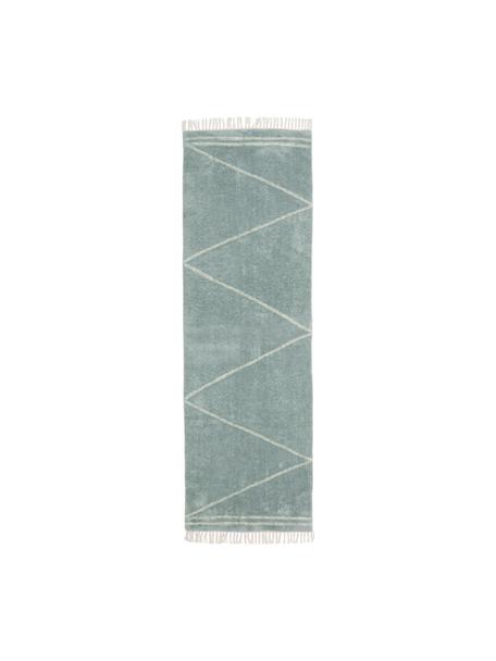 Handgetufte katoenen loper Asisa met zigzag patroon en franjes, Saliegroen, beige, B 80 x L 250 cm