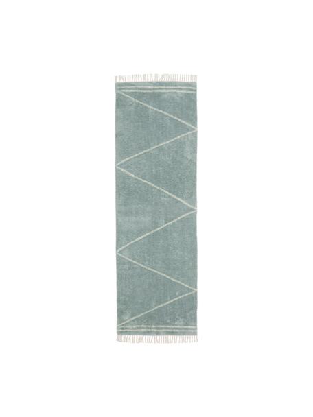 Passatoia in cotone taftata a mano con motivo a zigzag e frange Asisa, Verde salvia, beige, Larg. 80 x Lung. 250 cm