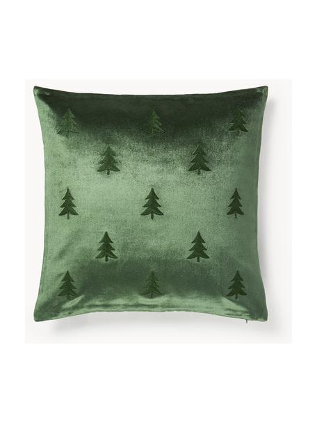 Housse de coussin en velours avec broderie de sapin Isadora, Vert foncé, larg. 45 x long. 45 cm