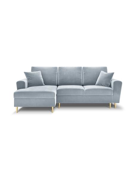 Canapé d'angle 3 places en velours avec fonction lit et rangement Moghan, Velours bleu ciel, couleur laitonnée, larg. 241 x prof. 145 cm, méridienne à gauche