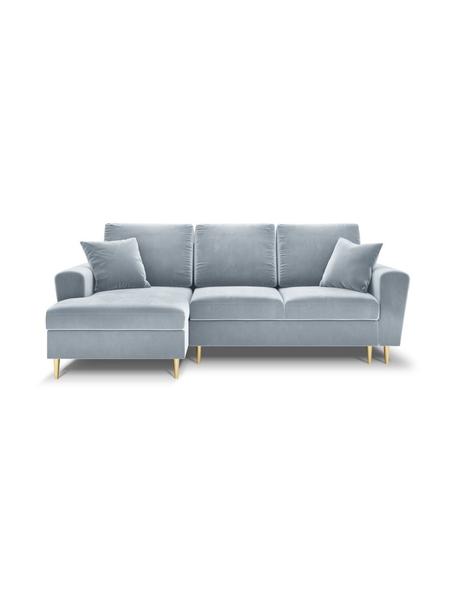 Canapé d'angle 4 places velours avec fonction lit et rangement Moghan, Velours bleu ciel, couleur laitonnée, larg. 241 x prof. 145 cm, méridienne à gauche