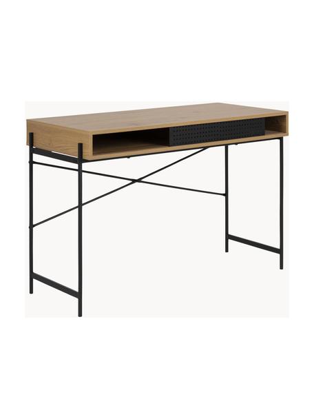 Smal bureau Angus met opbergruimte, Tafelblad: MDF met wild eiken fineer, Frame: gecoat metaal, Eikenhout, zwart, B 110 x H 50 cm