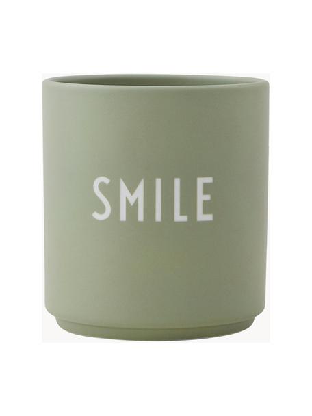 Design Becher Favourite SMILE mit Schriftzug, Fine Bone China (Porzellan)
Fine Bone China ist ein Weichporzellan, das sich besonders durch seinen strahlenden, durchscheinenden Glanz auszeichnet., Olivgrün (Smile), Ø 8 x H 9 cm, 250 ml
