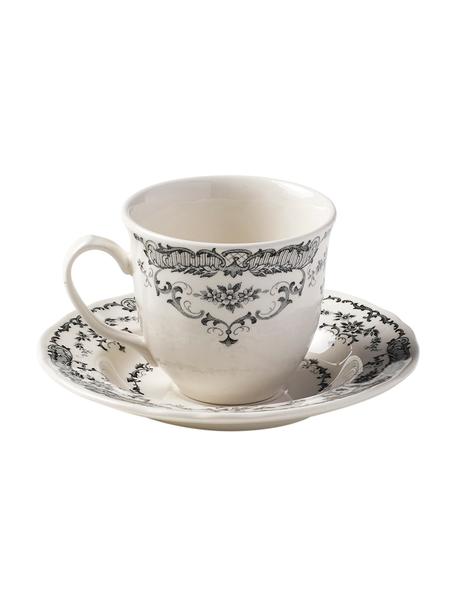 Tazza da tè con piattino con motivo floreale Rose 2 pz, Ceramica, Bianco, nero, Ø 9 x Alt. 8 cm, 250 ml