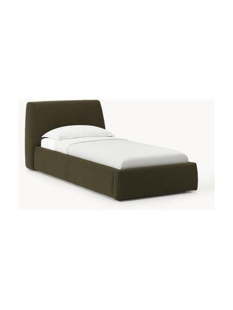 Cama individual con espacio de almacenamiento Cloud, Tapizado: tejido bouclé (80% poliés, Cuerpo: madera de pino y abeto ma, Patas: madera de abedul pintada , Bouclé verde oliva, Cama 90 (An 155 x L 220)