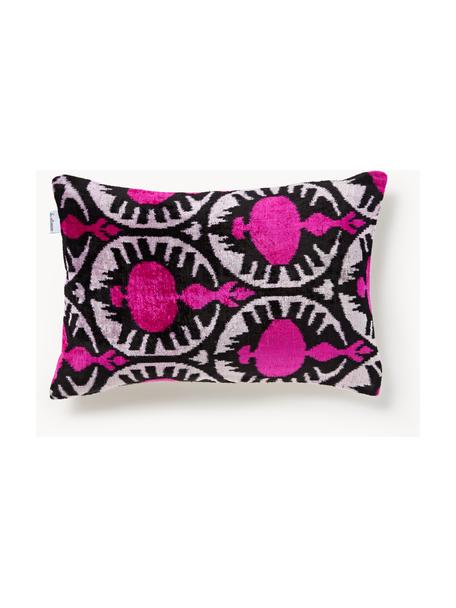 Housse de coussin en velours avec motif abstrait Velvety, Velours de soie (50 % soie, 50 % coton), Rose vif, noir, blanc, larg. 40 x long. 60 cm