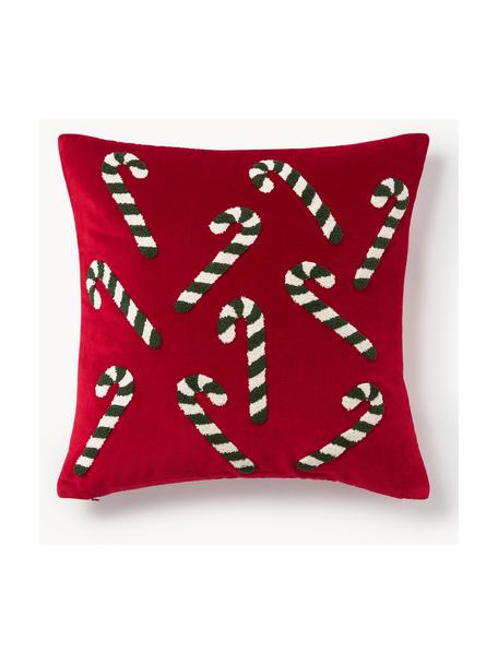 Samt-Kissenhülle Darva mit getuftetem Zuckerstangen-Muster, 100 % Baumwollsamt, Rot, B 50 x L 50 cm