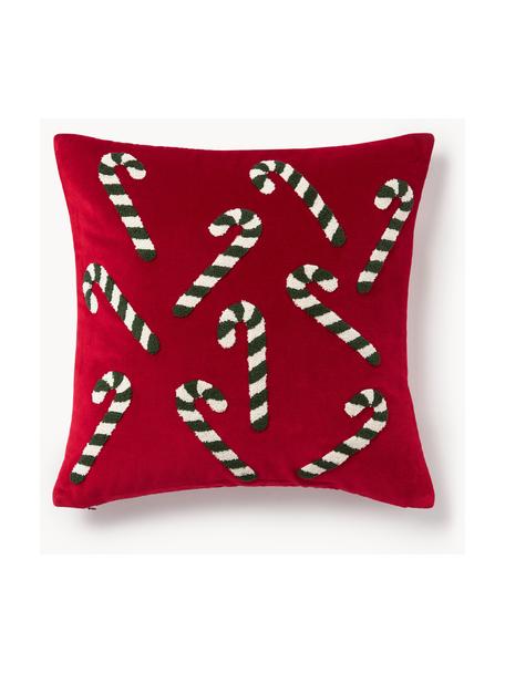 Fluwelen kussenhoes Darva met getuft snoepstokken-patroon, 100% katoenfluweel, Rood, B 50 x L 50 cm