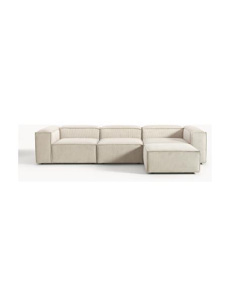 Modulares Sofa Lennon (4-Sitzer) aus Cord mit Hocker (links/rechts), Bezug: Cord (92 % Polyester, 8 %, Gestell: Massives Kiefernholz, Spe, Füße: Kunststoff Dieses Produkt, Cord Hellbeige, B 329 x T 207 cm