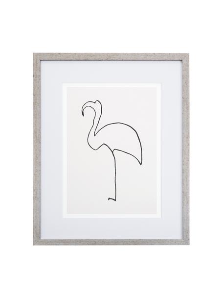 Ingelijste digitale print Picasso's Flamingo, Lijst: kunststof met antieke afw, Print: zwart, wit. Lijst: zilverkleurig, 40 x 50 cm